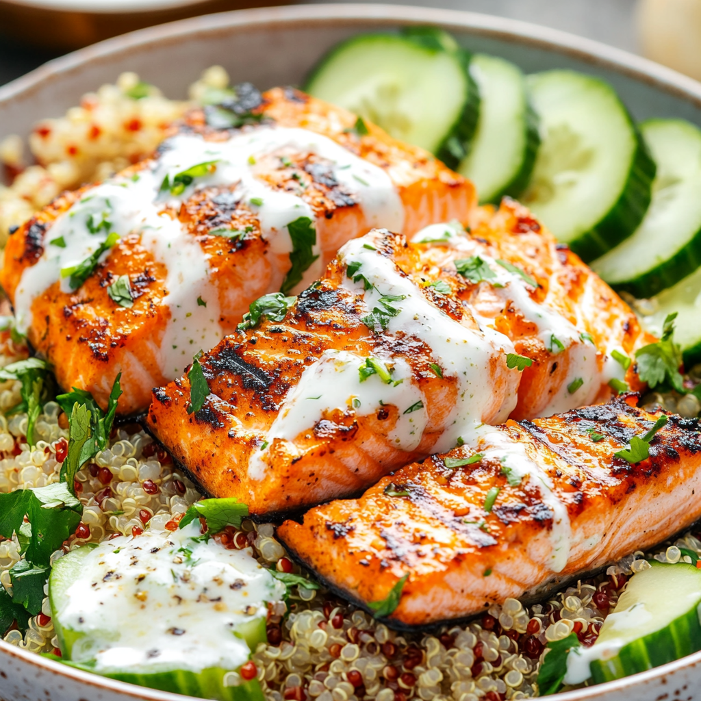 Honey Harissa Salmon Quinoa Bowls