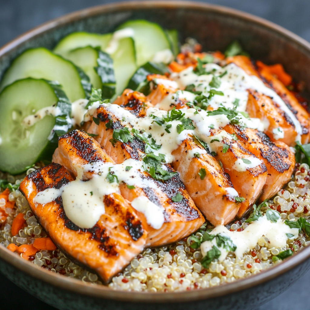 Honey Harissa Salmon Quinoa Bowls