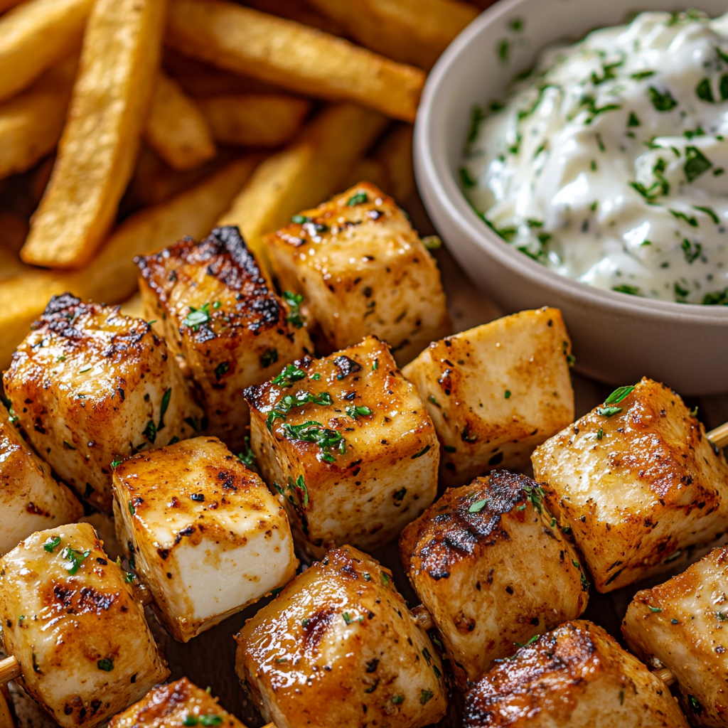 Greek Chicken Skewers with Feta Fries Recipe