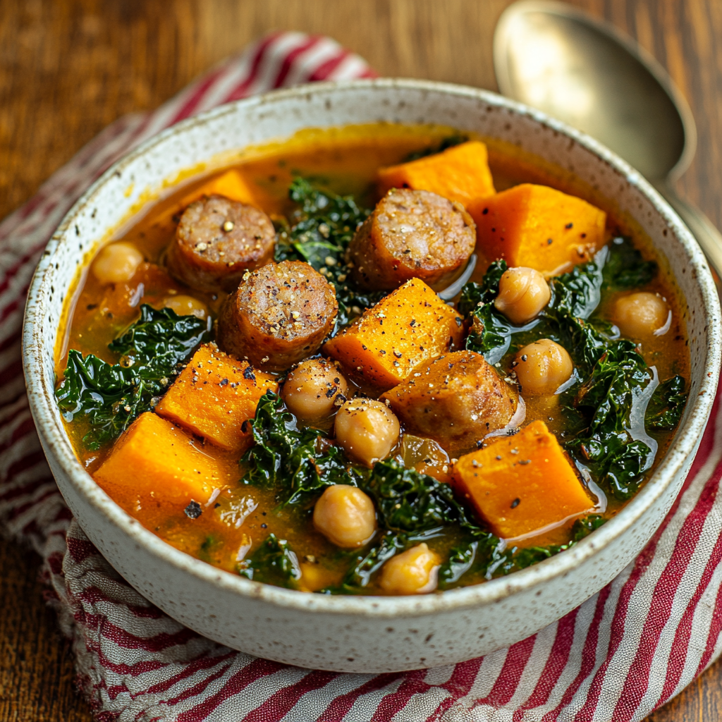Smokey Sausage, Kale & Sweet Potato Soup