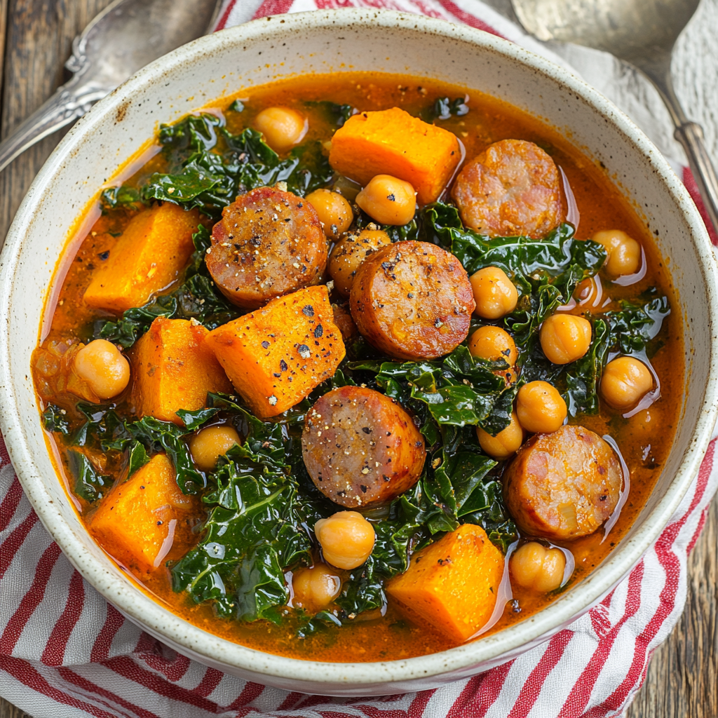 Smokey Sausage, Kale & Sweet Potato Soup