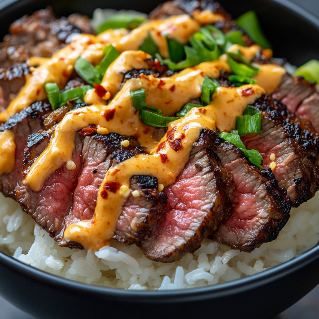 Korean BBQ Steak Rice Bowls with Spicy Cream Sauce