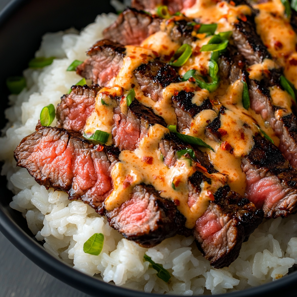 Korean BBQ Steak Rice Bowls with Spicy Cream Sauce