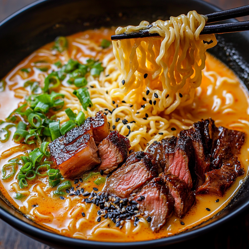 Spicy Korean Ramen with Grilled Beef & Creamy Sauce