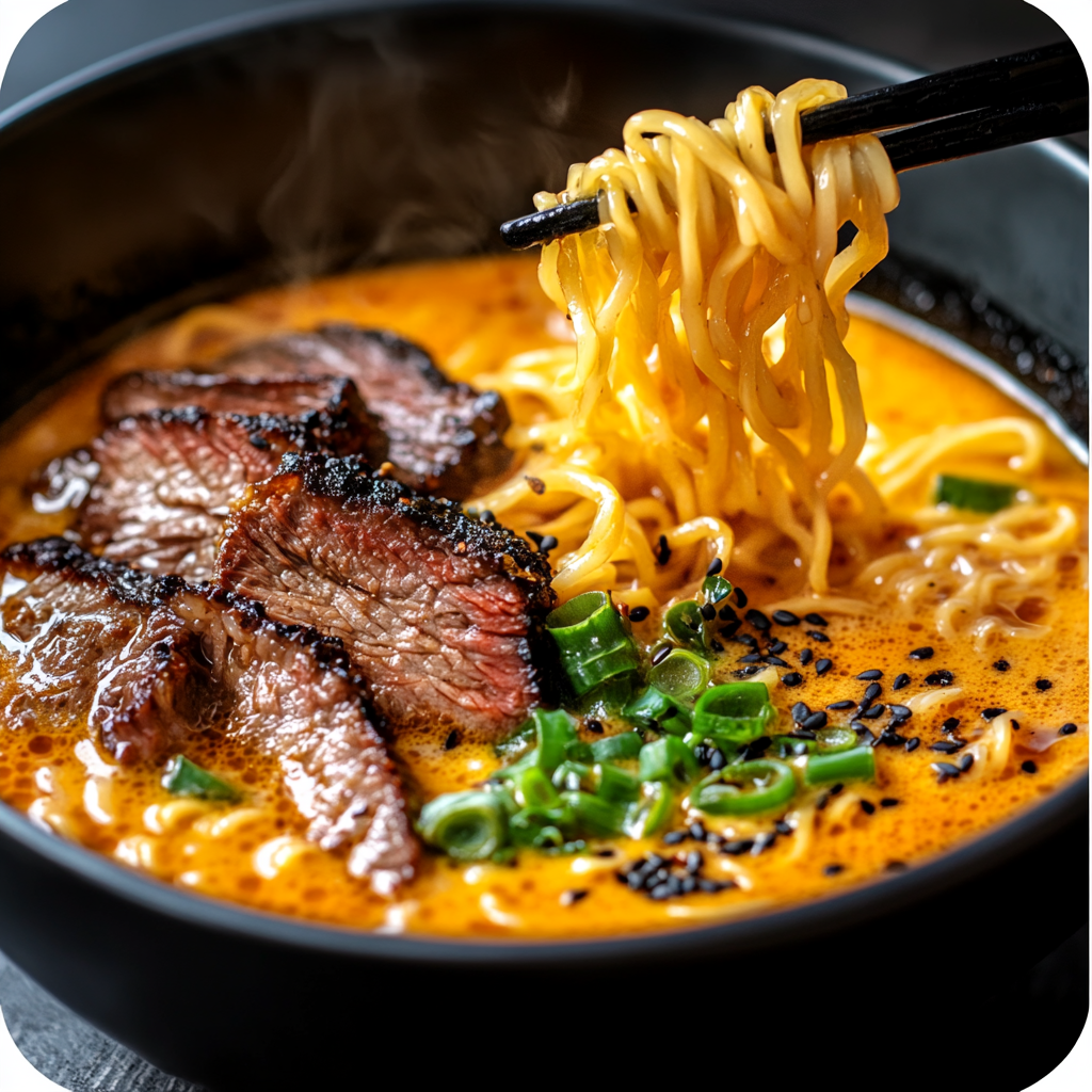 Spicy Korean Ramen with Grilled Beef & Creamy Sauce