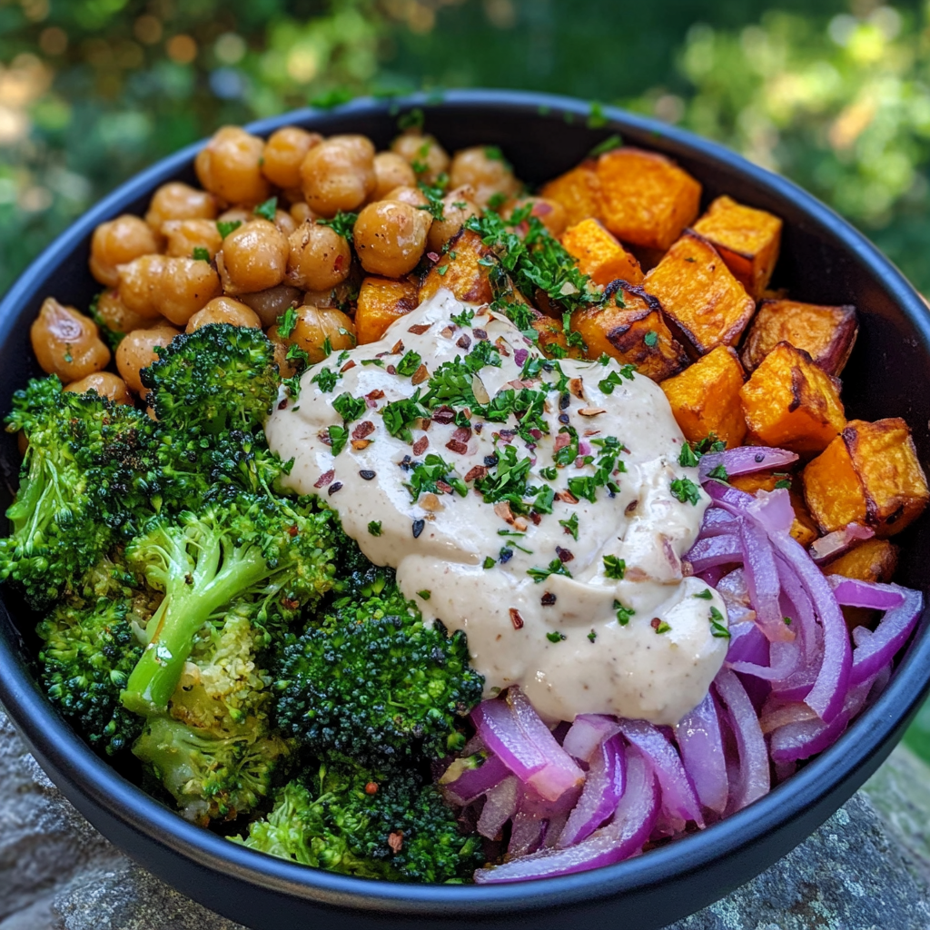 Vibrant Roasted Veggie and Crispy Chickpea Bowls with Maple Dijon Tahini Dressing