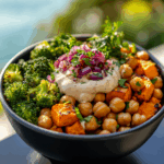Vibrant Roasted Veggie and Crispy Chickpea Bowls with Maple Dijon Tahini Dressing