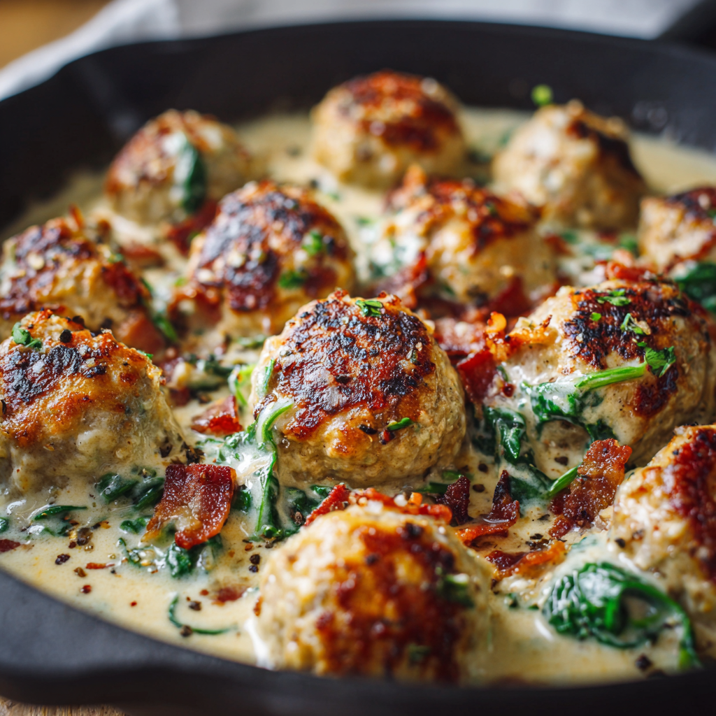 Baked Chicken Ricotta Meatballs with Spinach Alfredo Sauce