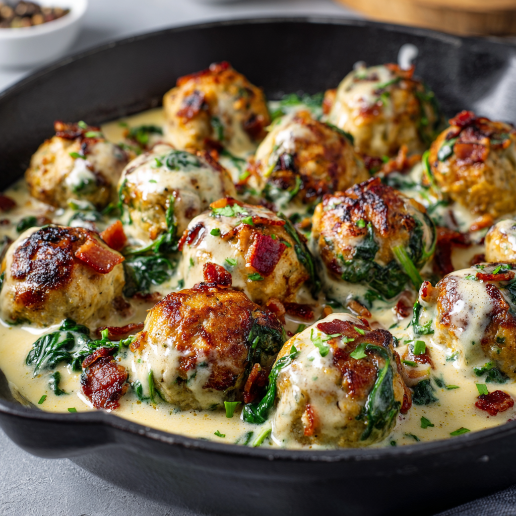 Baked Chicken Ricotta Meatballs with Spinach Alfredo Sauce