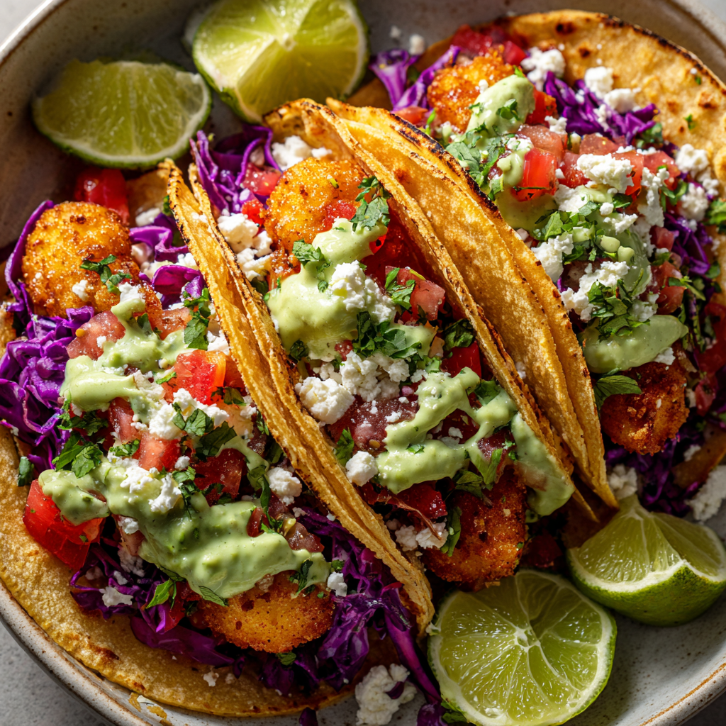 Crispy Baja Fish Tacos with Avocado Crema