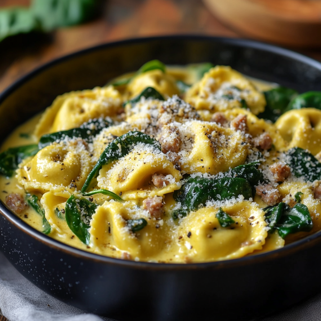 Creamy Garlic Spinach Tortellini with Sausage