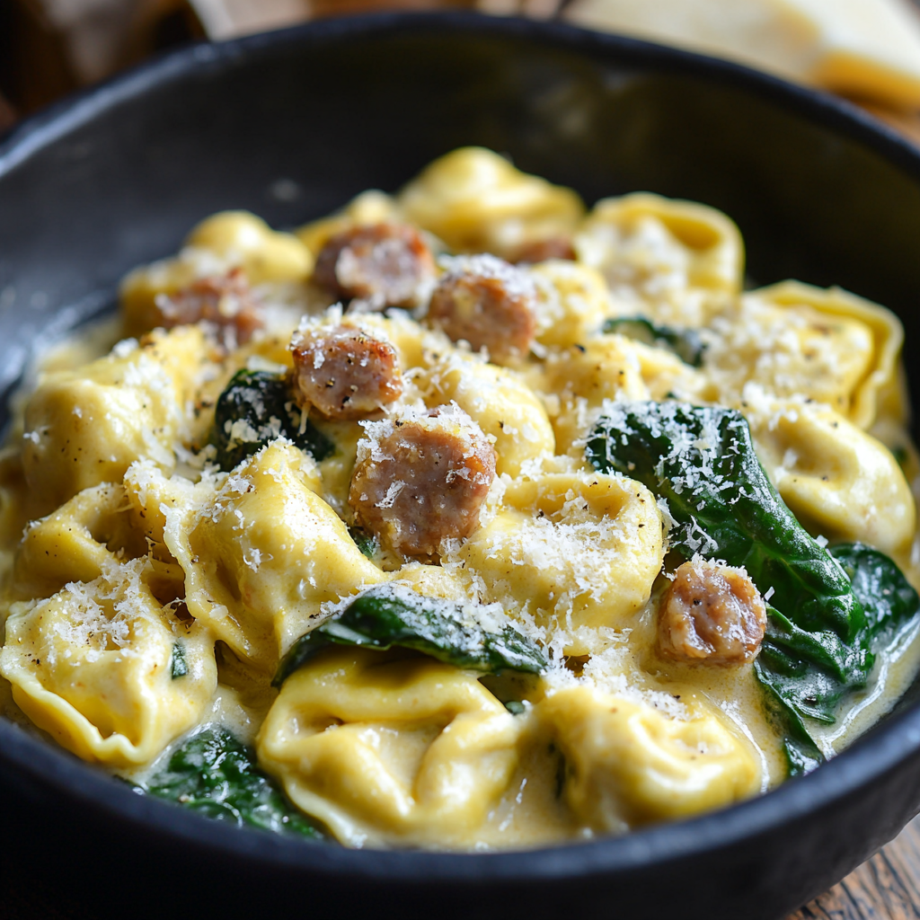 Creamy Garlic Spinach Tortellini with Sausage