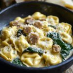 Creamy Garlic Spinach Tortellini with Sausage