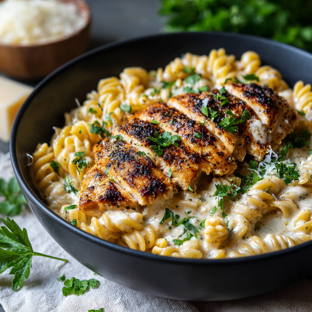 Creamy Garlic Butter Chicken and Rotini in Parmesan Sauce