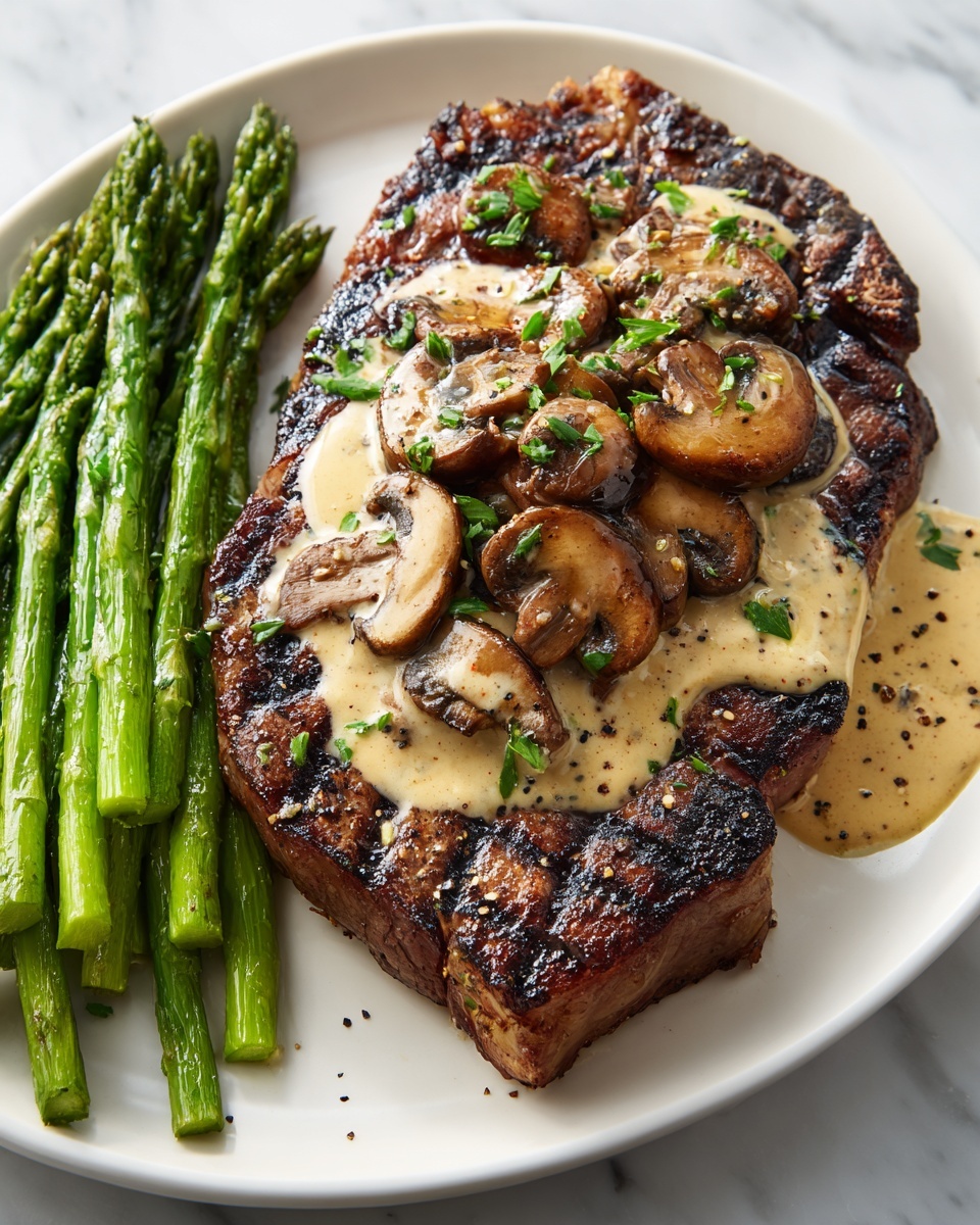 Steak with Creamy Mushroom Sauce & Asparagus Recipe - Recipe Image