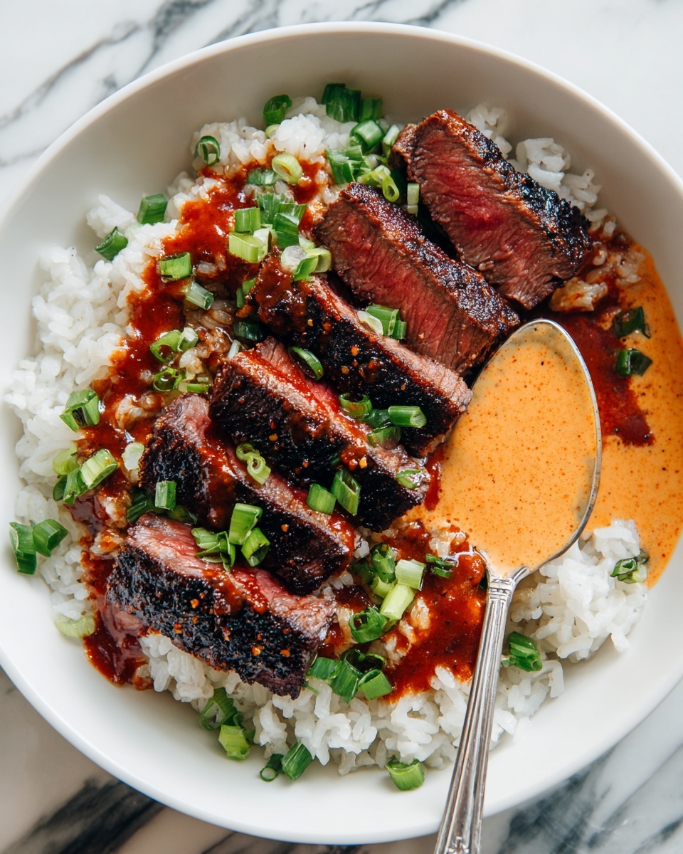 Korean BBQ Steak Rice Bowls with Spicy Cream Sauce Recipe - Recipe Image