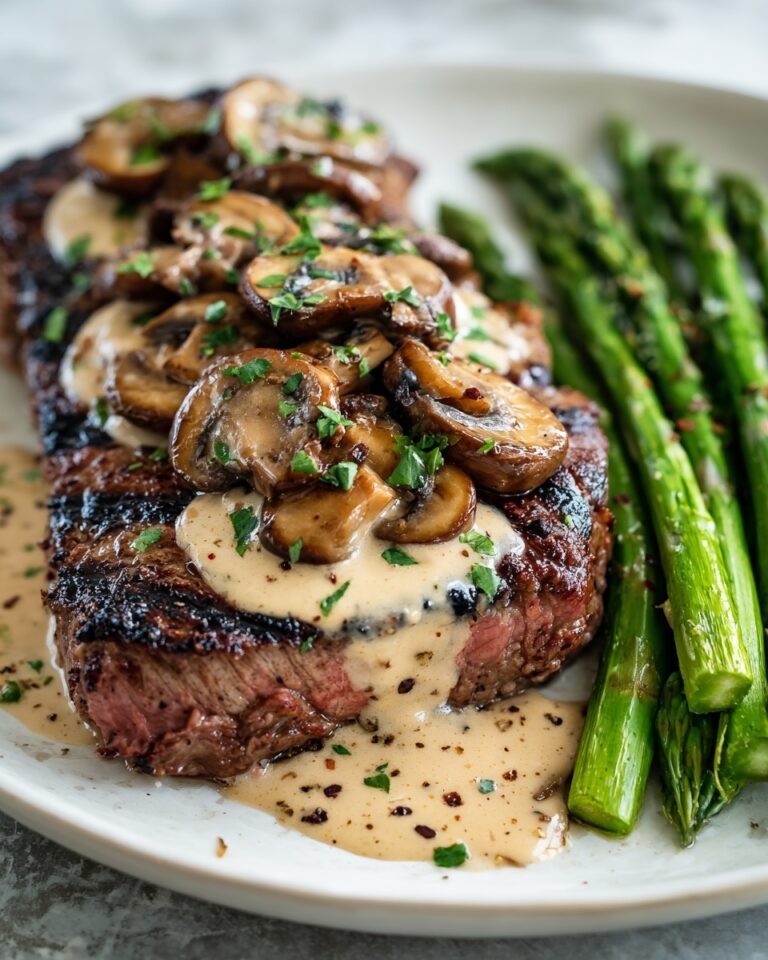 Steak with Creamy Mushroom Sauce & Asparagus Recipe