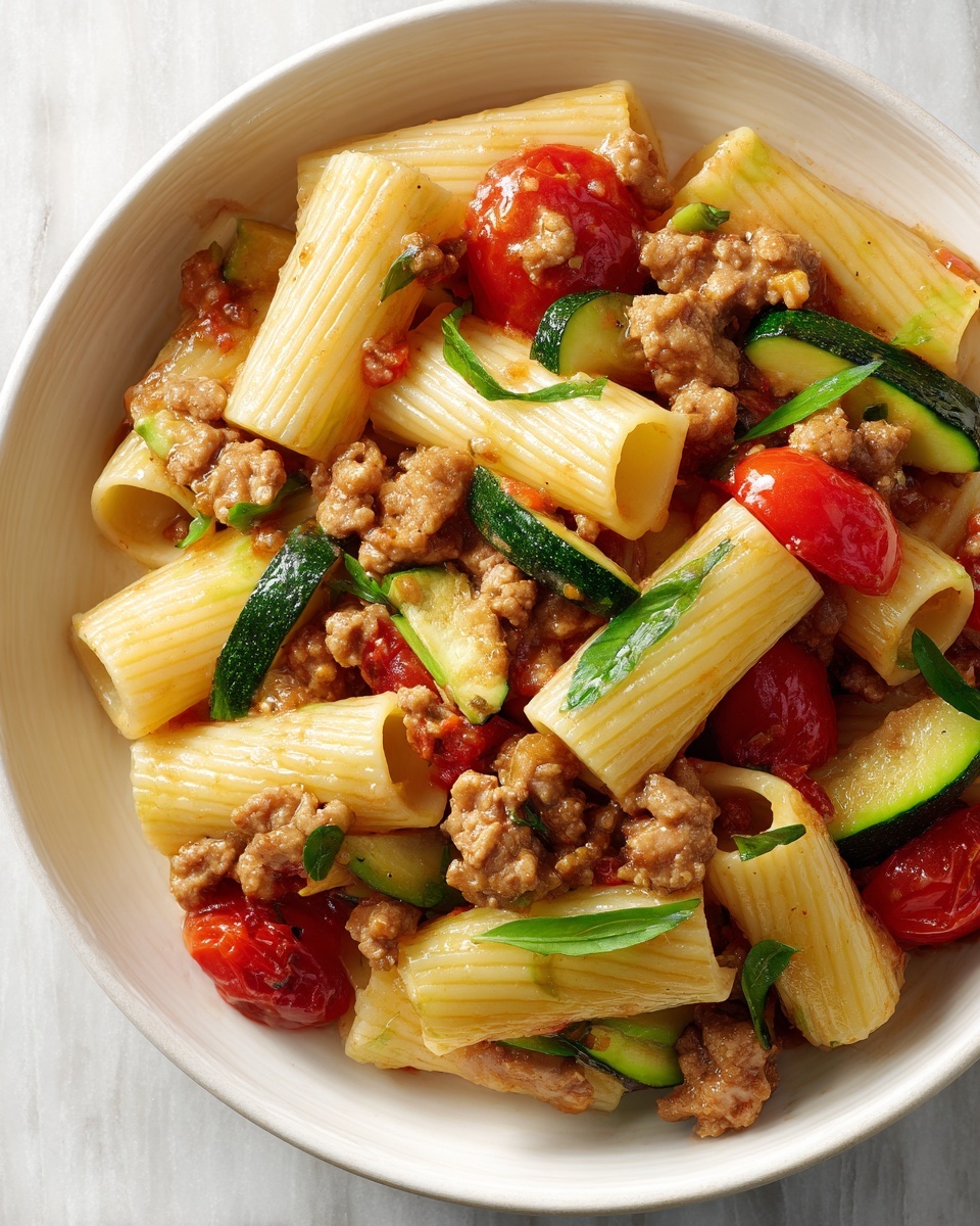 Rigatoni with Sausage, Tomatoes, and Zucchini Recipe - Recipe Image