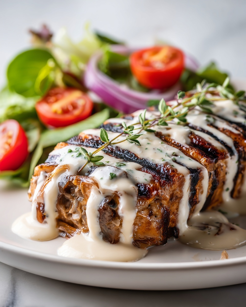 Tuna Steaks with Creamy Garlic Sauce & Salad Recipe - Recipe Image