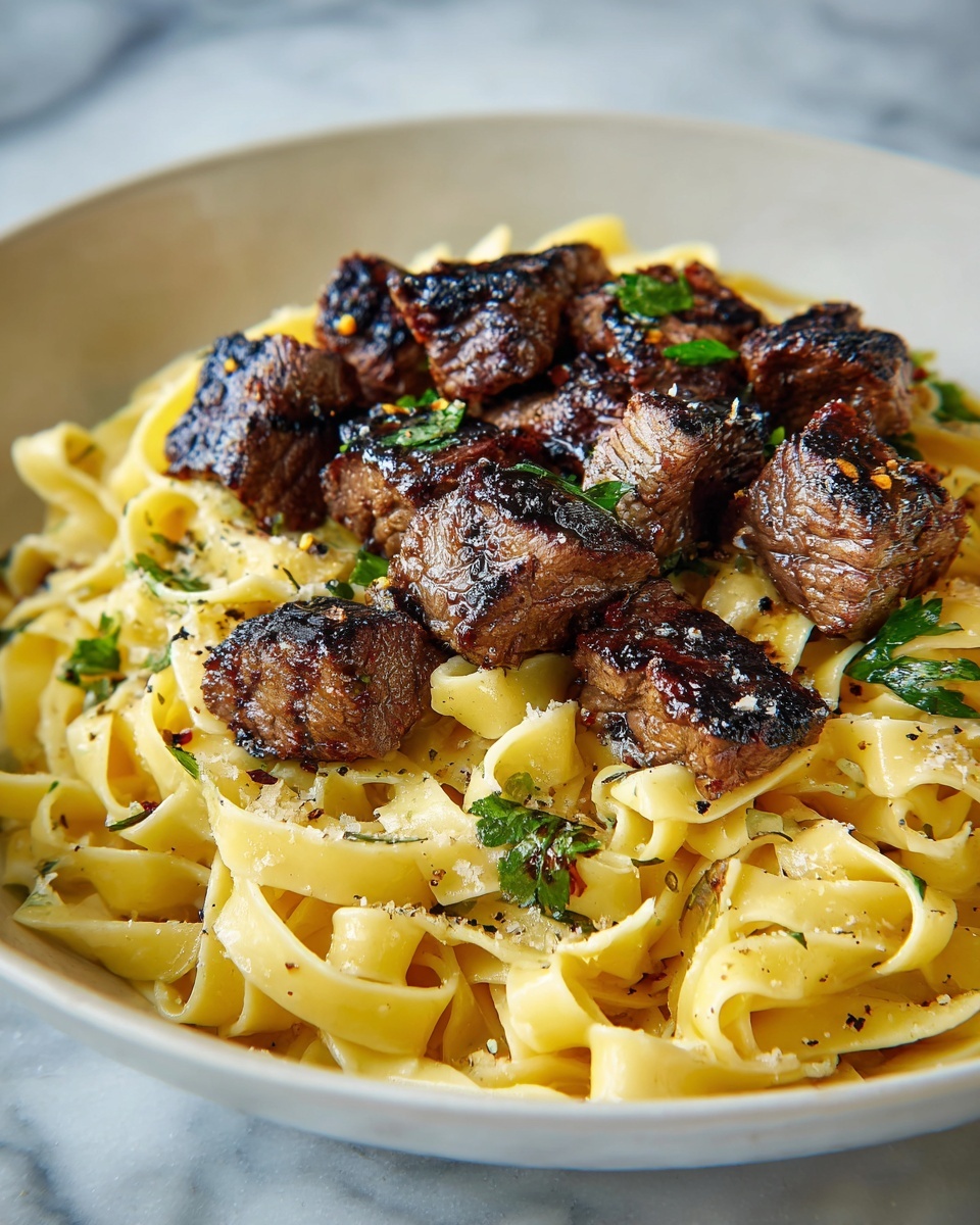 Garlic Butter Steak Bites with Creamy Parmesan Pasta Recipe - Recipe Image