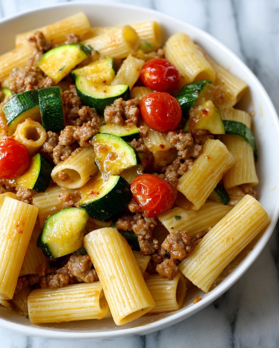 Rigatoni with Sausage, Tomatoes, and Zucchini Recipe - Recipe Image