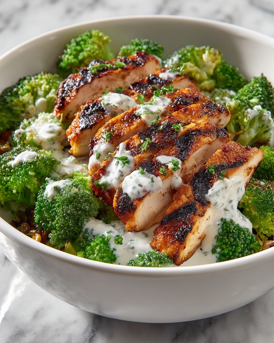 Grilled Chicken & Broccoli Bowls with Creamy Garlic Sauce Recipe - Recipe Image