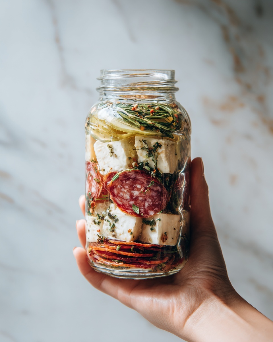 Easy Marinated Cheese Appetizer with Salami & Pickles Recipe - Recipe Image