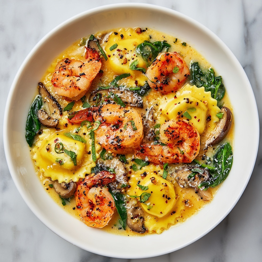 Seafood Ravioli with Spinach and Mushroom in Garlic Cream Sauce Recipe - Recipe Image