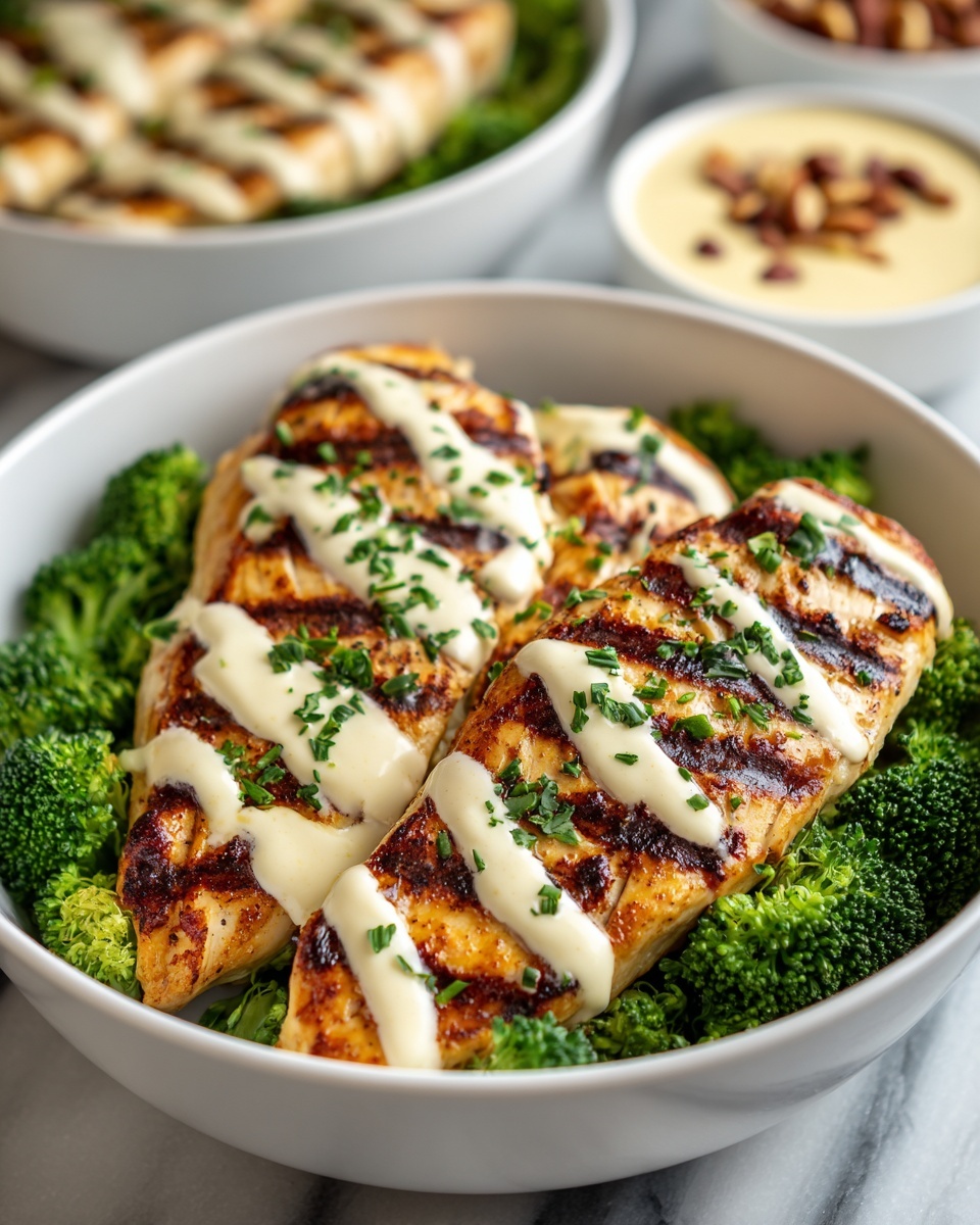 Grilled Chicken Broccoli Bowls with Creamy Garlic Sauce Recipe - Recipe Image