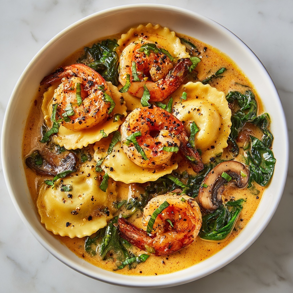Seafood Ravioli with Spinach and Mushroom in Garlic Cream Sauce Recipe - Recipe Image
