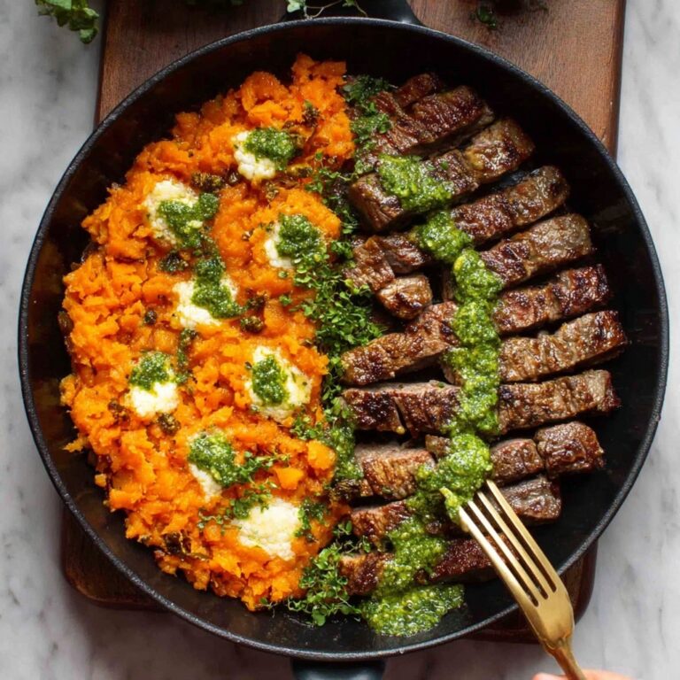 Steak with Green Sauce and Mashed Sweet Potatoes Recipe