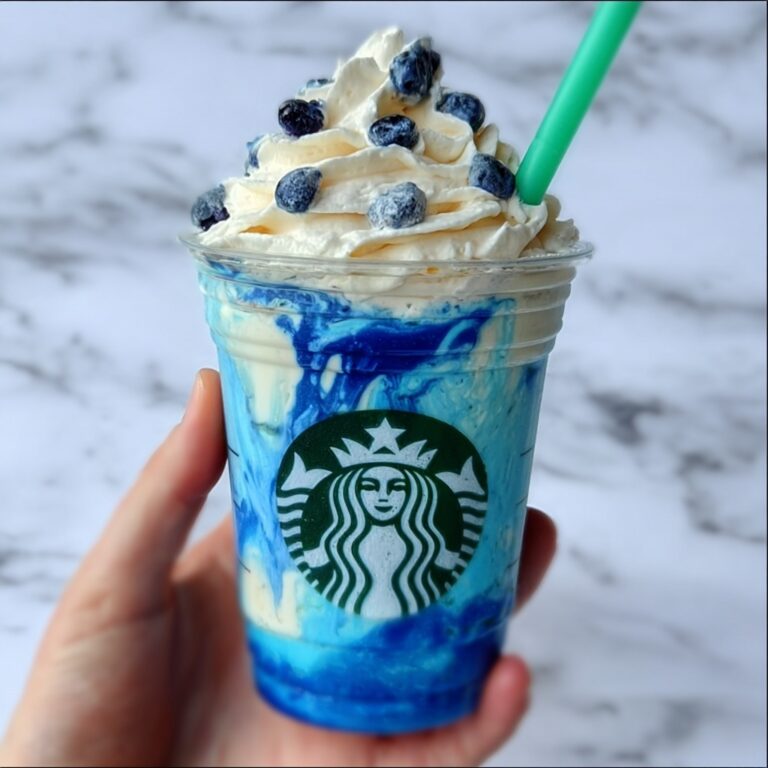 Creamy Vanilla Bean Frappuccino with Blue Raspberry Drizzle Recipe