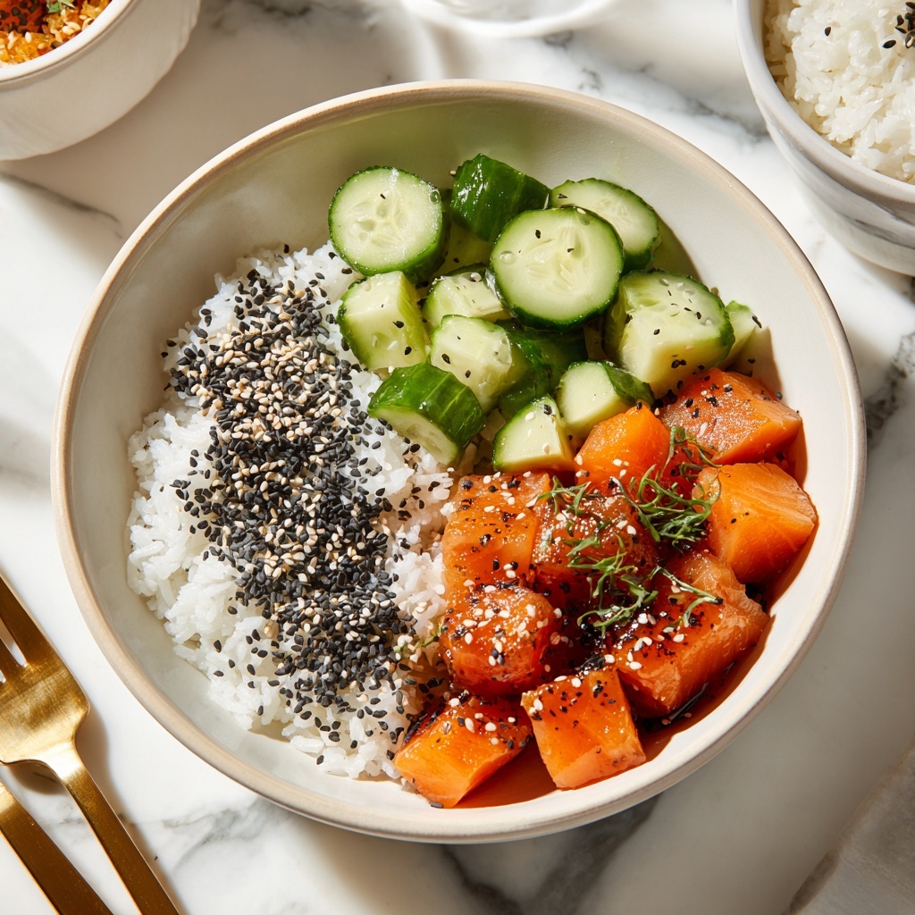 Teriyaki Salmon Bites with Avocado Cucumber Salad and Sriracha Mayo Recipe - Recipe Image