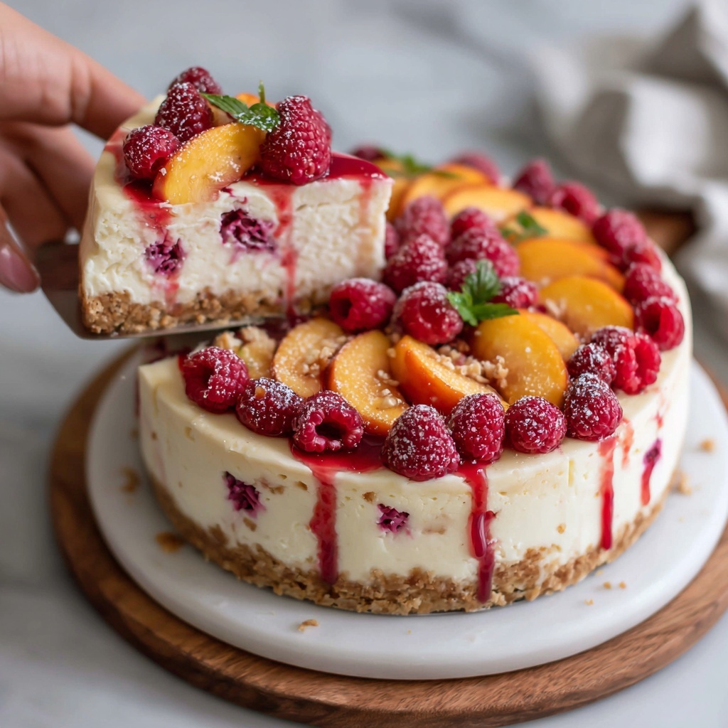 Summer Bliss Peach and Raspberry Cheesecake Delight Recipe - Recipe Image