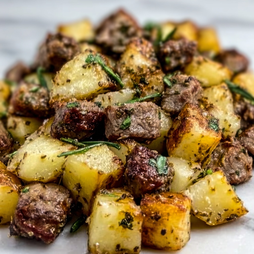 Air Fryer Garlic Butter Steak Bites and Potatoes Recipe - Recipe Image