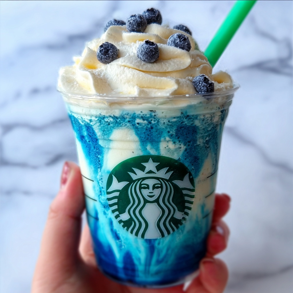 Creamy Vanilla Bean Frappuccino with Blue Raspberry Drizzle Recipe - Recipe Image