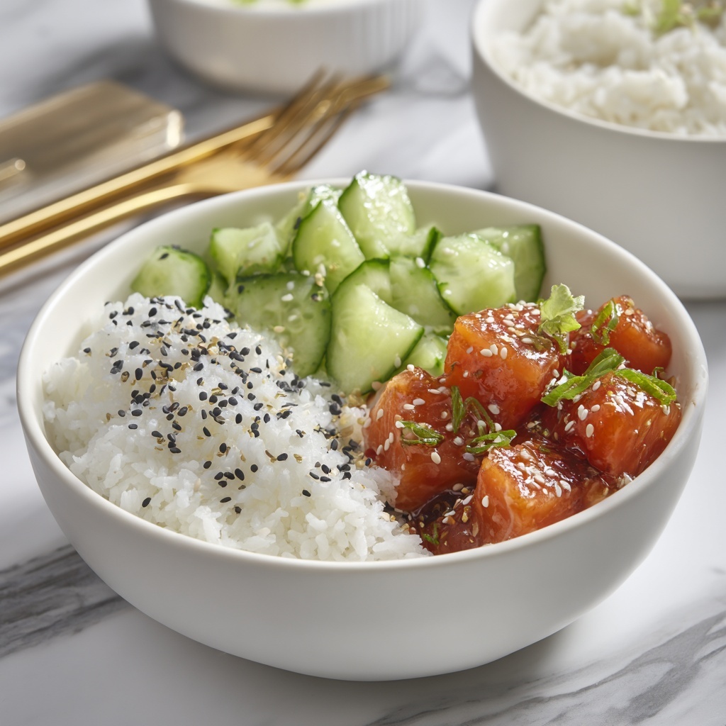 Teriyaki Salmon Bites with Avocado Cucumber Salad and Sriracha Mayo Recipe - Recipe Image