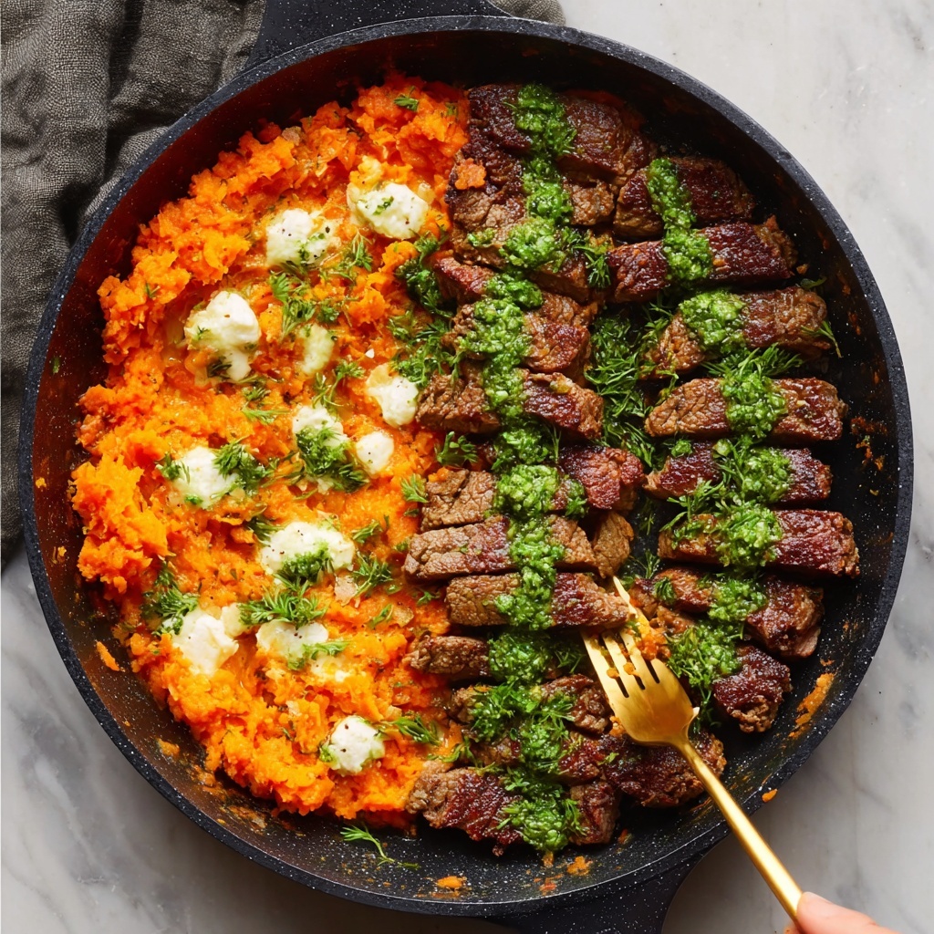 Steak with Green Sauce and Mashed Sweet Potatoes Recipe - Recipe Image
