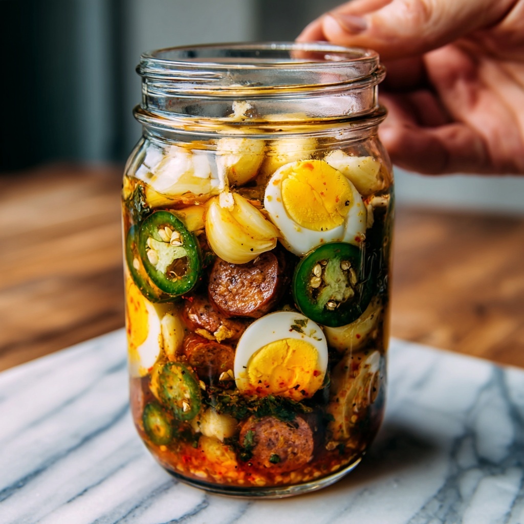 Pickled Eggs, Sausages, Jalapeños, and Carrots Recipe - Recipe Image