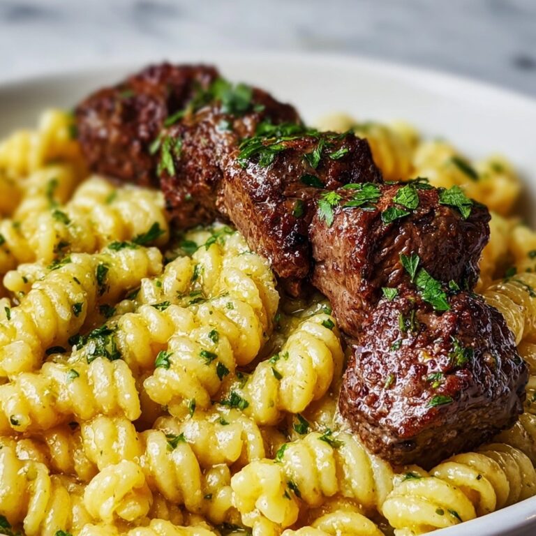 Steak Bites with Cheesy Garlic Parmesan Rotini Recipe
