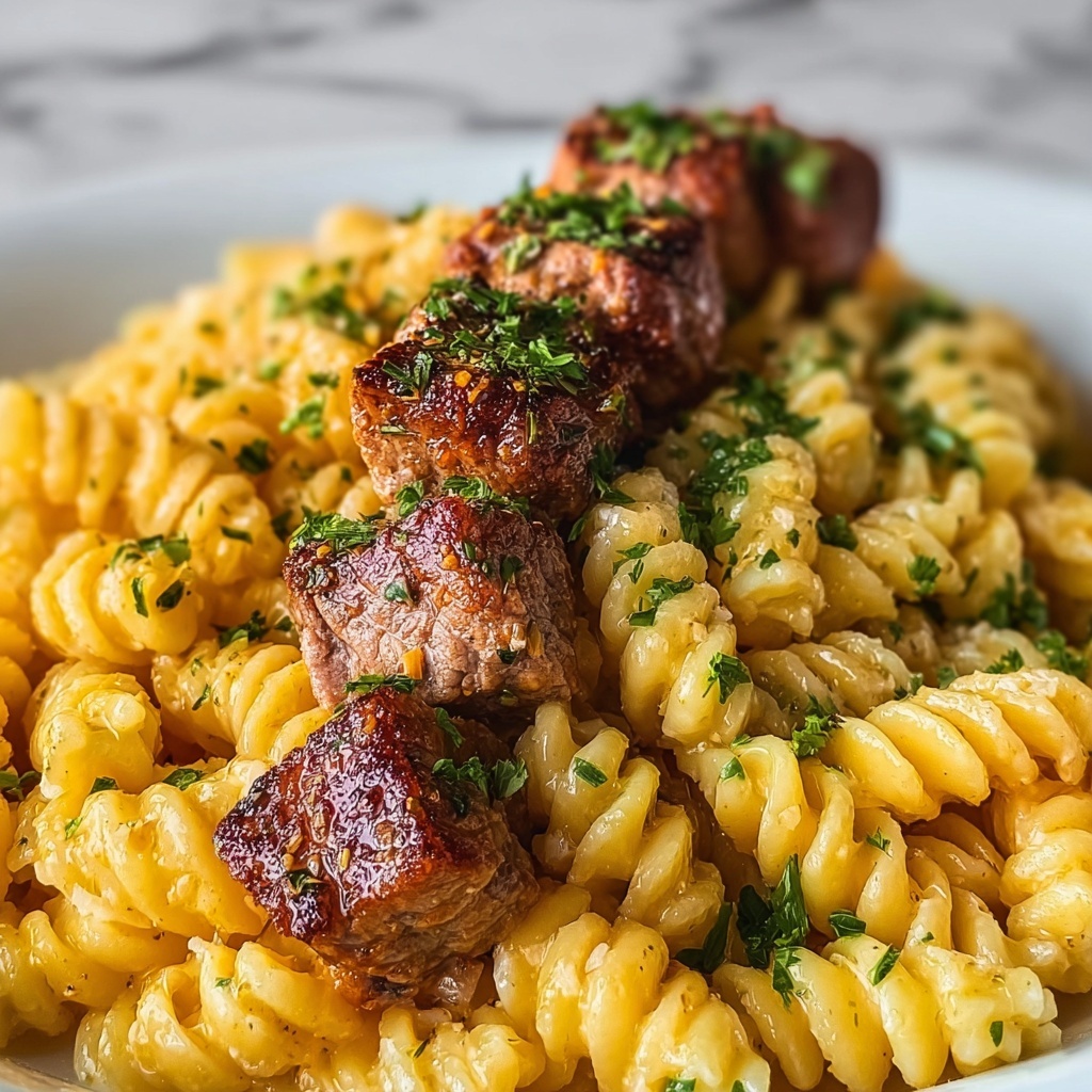 Steak Bites with Cheesy Garlic Parmesan Rotini Recipe - Recipe Image