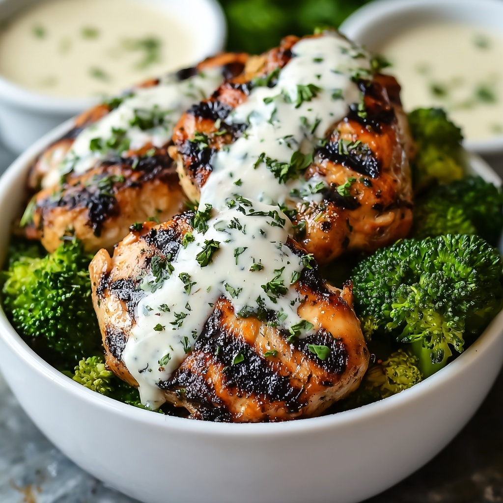 Grilled Chicken Broccoli Bowls with Creamy Garlic Sauce Recipe - Recipe Image
