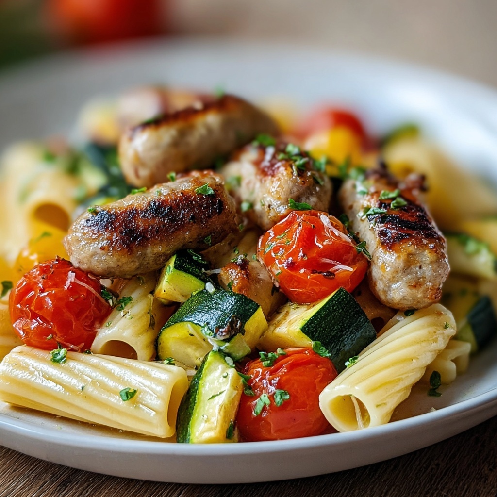 Chicken Sausages with Zucchini, Tomatoes, and Pasta Recipe - Recipe Image