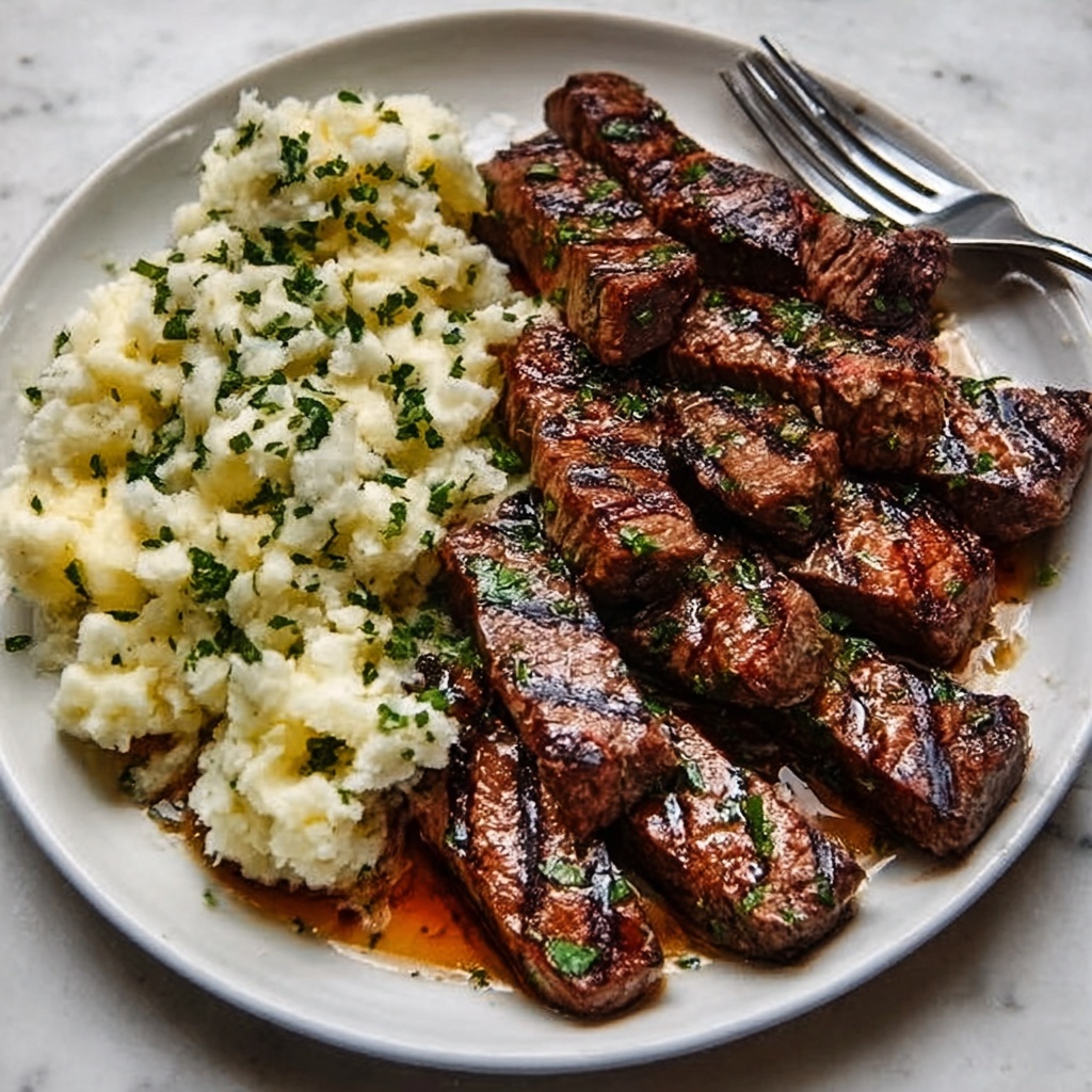 Garlic Butter Steak Bites with Cheesy Smashed Potatoes Recipe - Recipe Image