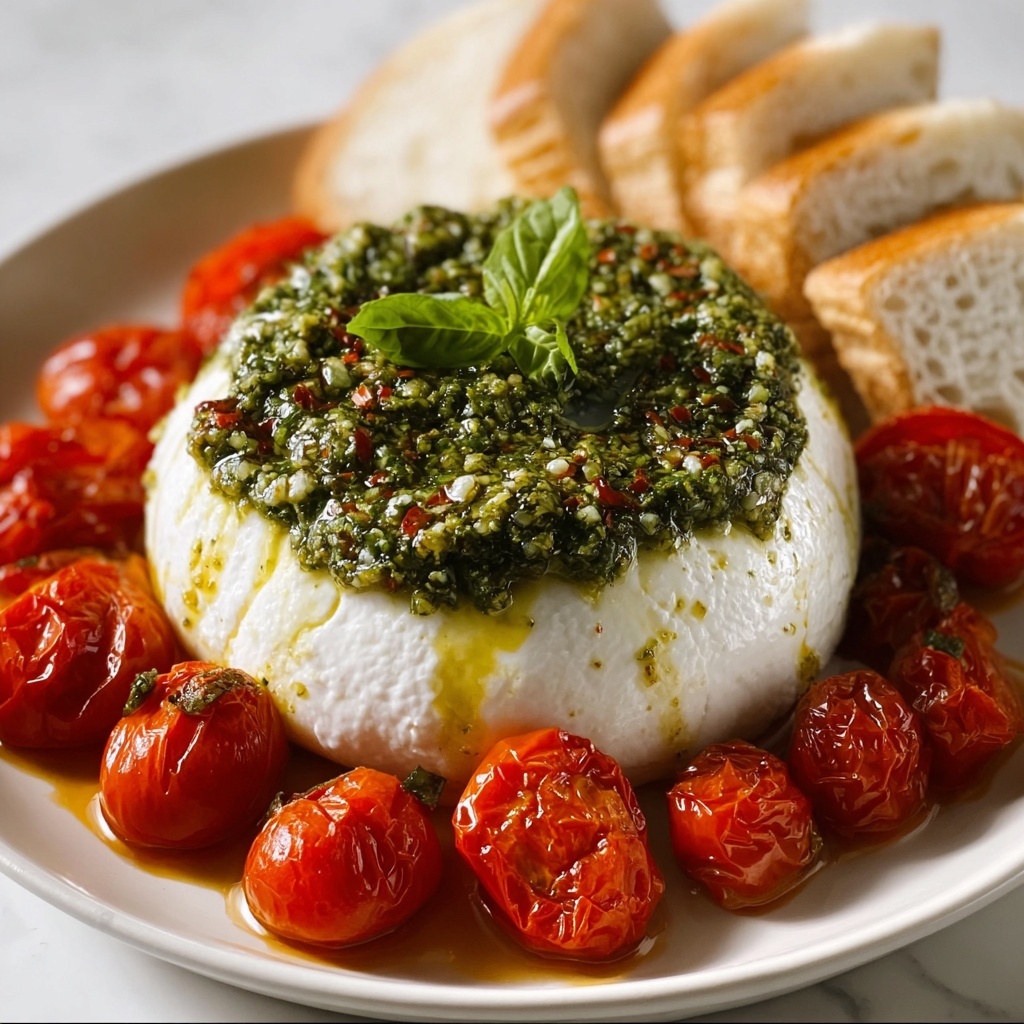 Pesto Burrata Appetizer with Roasted Tomatoes and Balsamic Glaze Recipe - Recipe Image