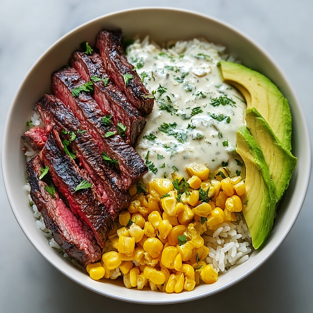 Steak, Avocado, and Roasted Corn Bowl with Cilantro Cream Sauce Recipe - Recipe Image