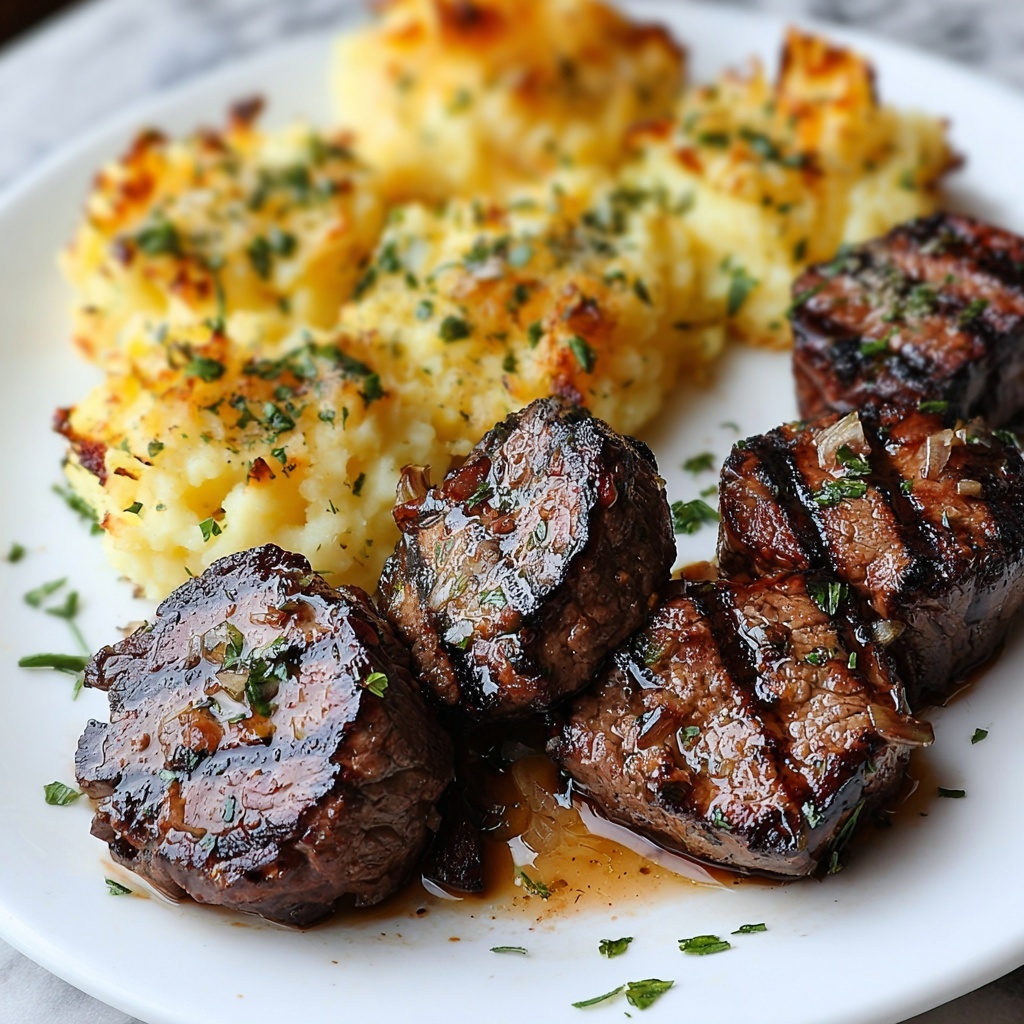 Garlic Butter Steak Bites with Cheesy Smashed Potatoes Recipe - Recipe Image