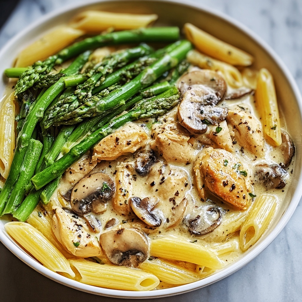 Creamy Mushroom and Asparagus Chicken Penne Recipe - Recipe Image