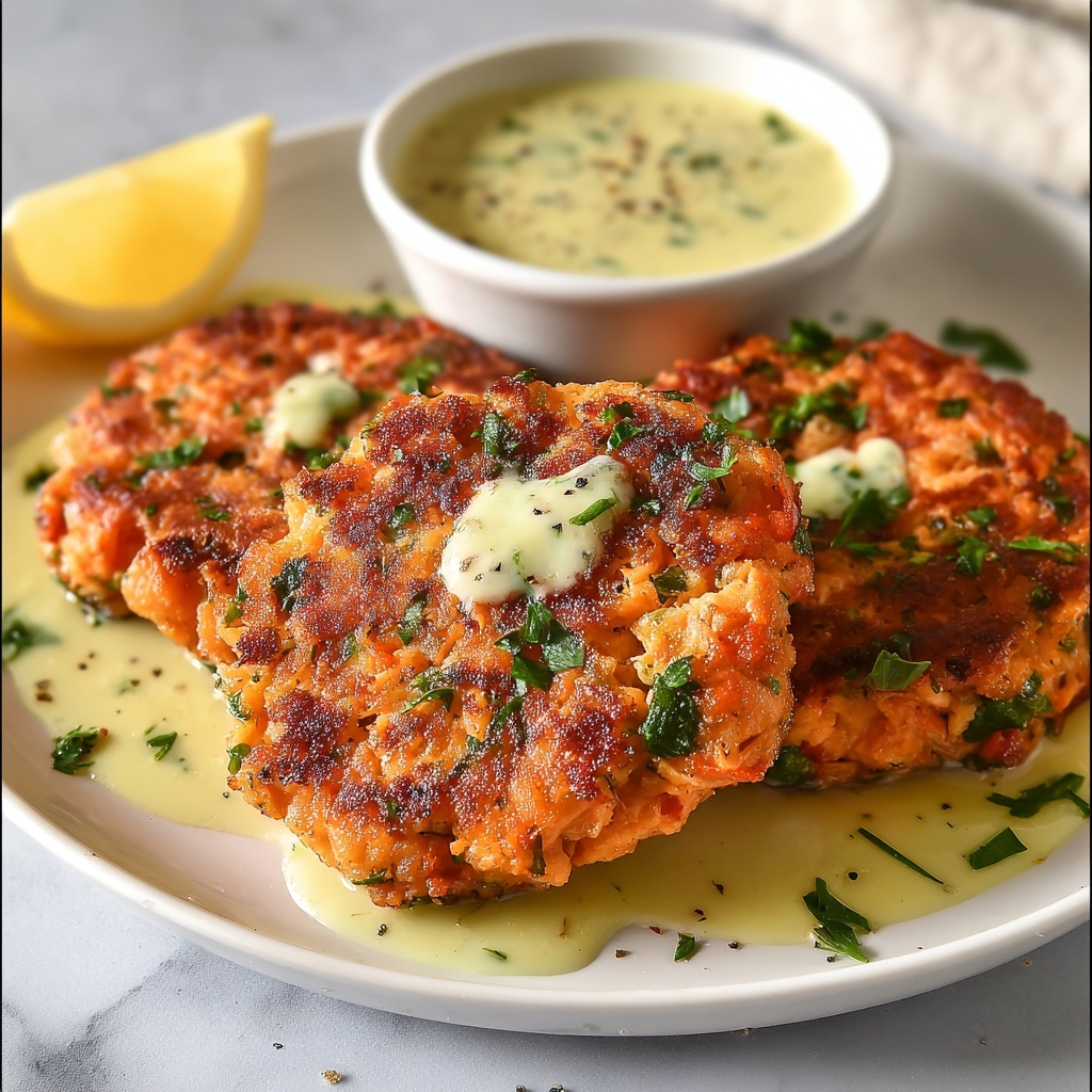 Easy Salmon Patties with Lemon-Garlic Sauce Recipe - Recipe Image