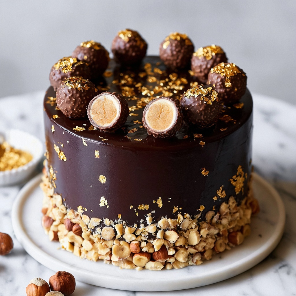 Vegan Ferrero Rocher Cake with Hazelnut and Chocolate Ganache Recipe - Recipe Image
